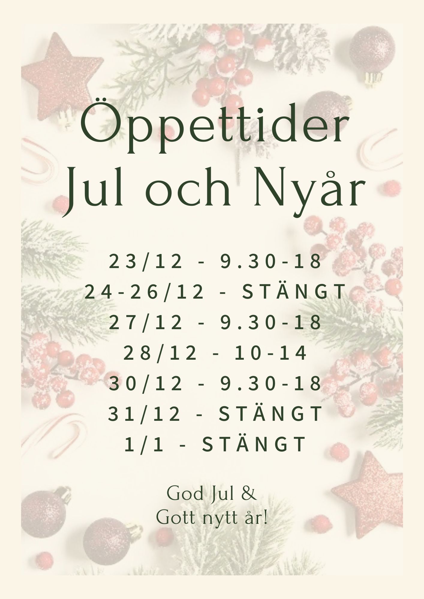 Öppettiderunder Jul och Nyår 2024